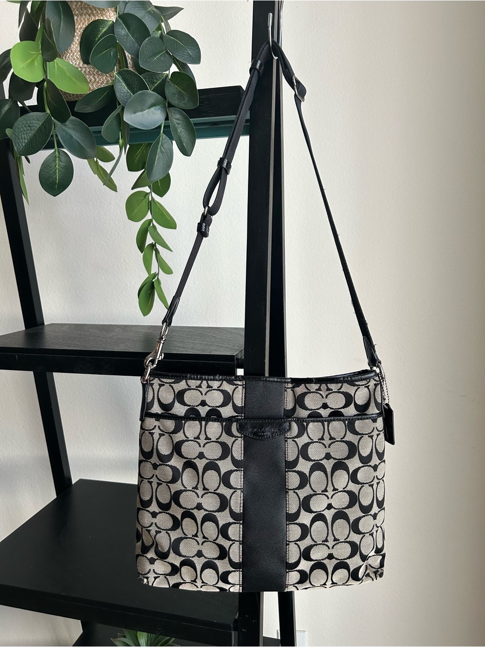 Coach Black and Gray Signature Canvas Crossbody File Bag.